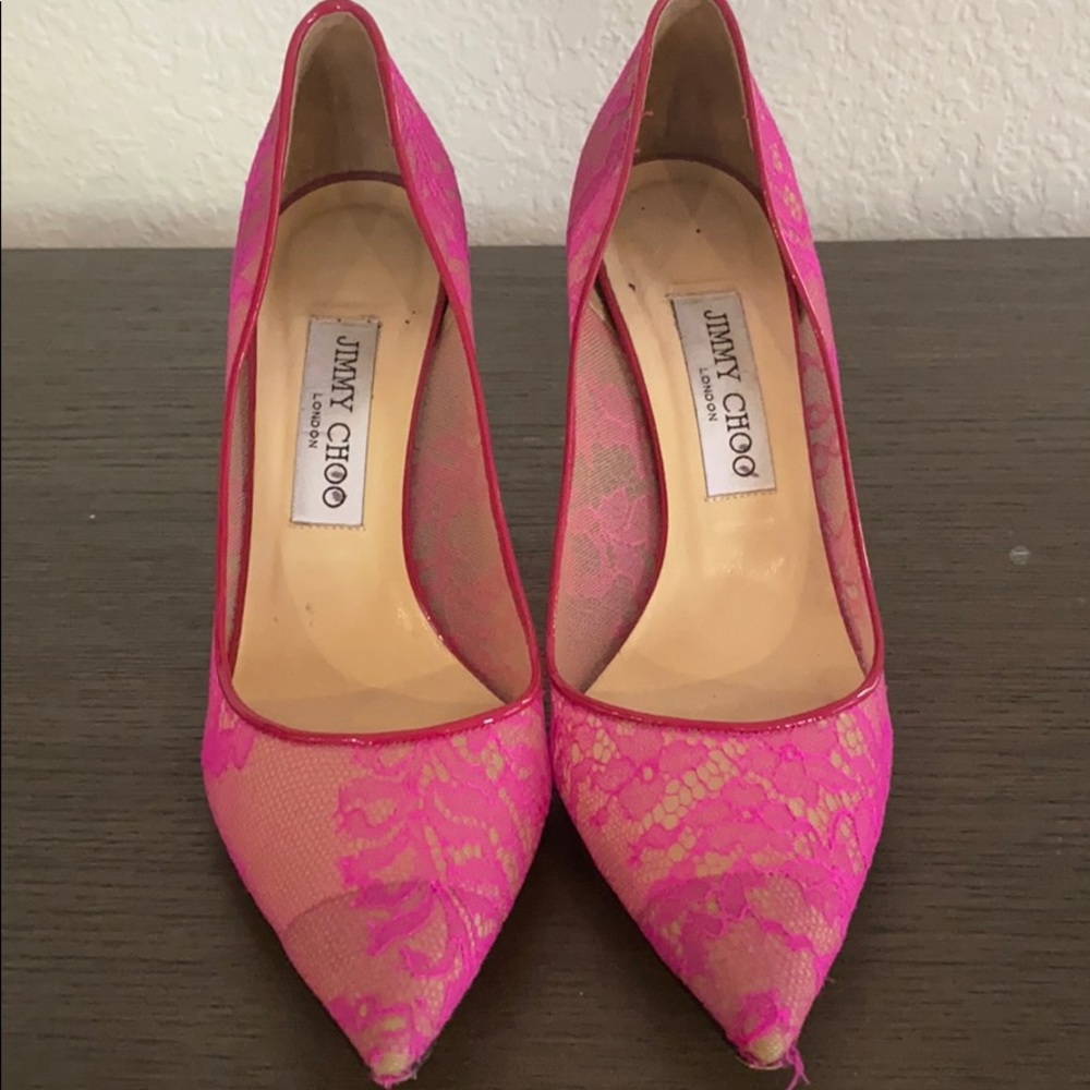 Jimmy Choo hot pink lace pumps